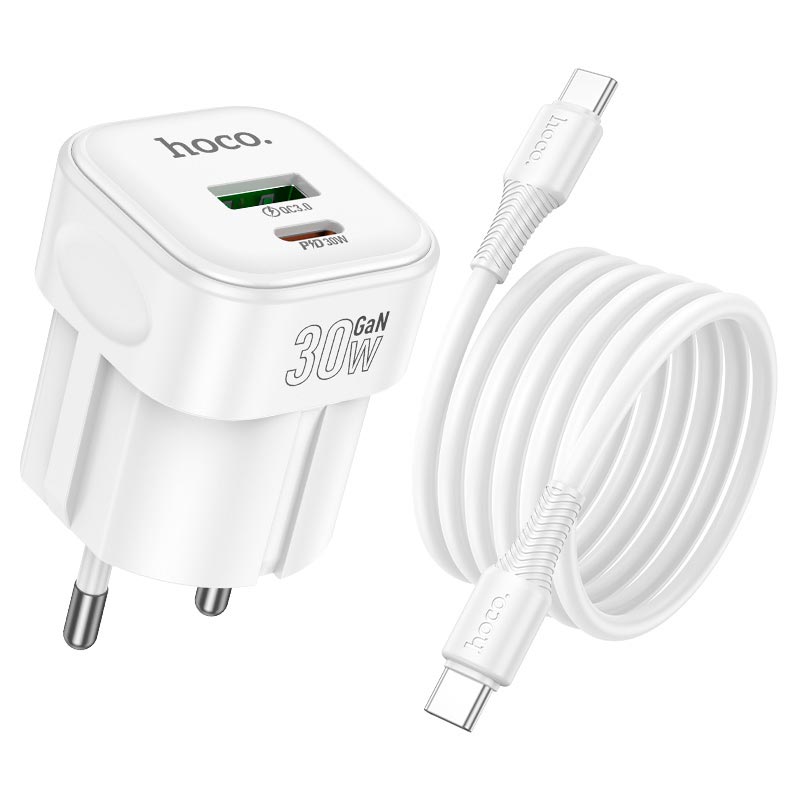 Адаптер мережевий HOCO Surpass charger set with cable C167A |1Type-C/1USB, PD30W/QC3.0, 3A, C to C 1m| white (6942007686136) Білий на малюнкі №7