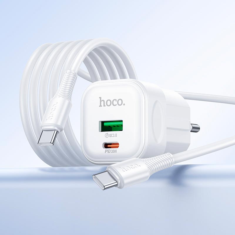 Адаптер мережевий HOCO Surpass charger set with cable C167A |1Type-C/1USB, PD30W/QC3.0, 3A, C to C 1m| white (6942007686136) Білий на малюнкі №9