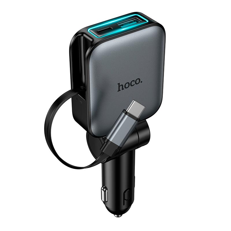 Адаптер автомобильный HOCO Triunfar car charger with telescopic Type-C cable Z67 |1C/1A, 60W/3A, PD/QC| grey (6942007680837) Серый на картинке №2