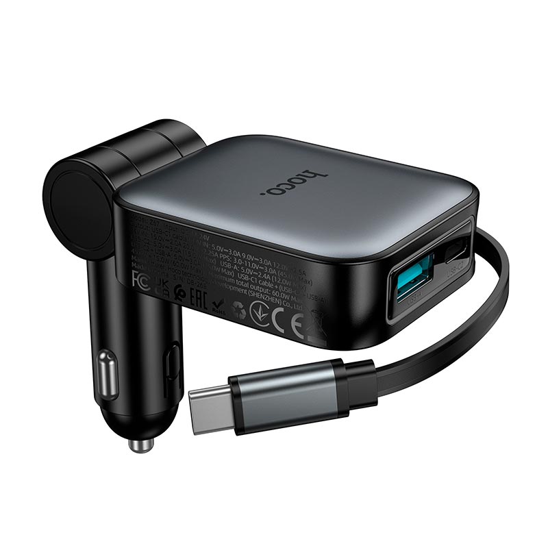 Адаптер автомобильный HOCO Triunfar car charger with telescopic Type-C cable Z67 |1C/1A, 60W/3A, PD/QC| grey (6942007680837) Серый на картинке №5