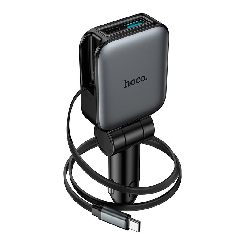 Адаптер автомобильный HOCO Triunfar car charger with telescopic Type-C cable Z67 |1C/1A, 60W/3A, PD/QC| grey (6942007680837) Серый на картинке №6