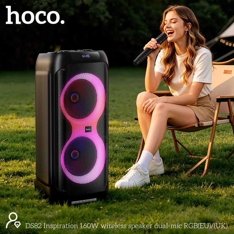 Акустика-караоке HOCO Inspiration wireless speaker with dual mic DS82 |BT5.3, USB/TF/AUX/FM/TWS, 160W, 8h, RGB, 2mic| black (85238) Черный на картинке №7