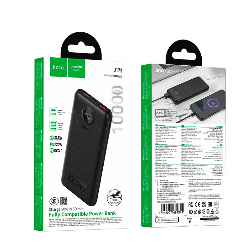 УМБ HOCO Precision fully compatible power bank J172 10000mAh |1C/2A, 22.5W/3A, PD/QC| black (6942007681841) Черный на картинке №3
