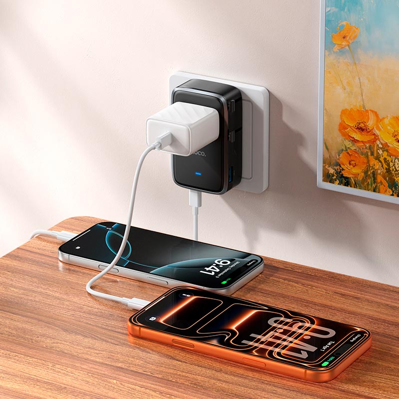 Адаптер сетевой HOCO Capaz ultra-thin universal conversion charger AC35 |2Type-C/1USB, 5V/3A Total, EU/UK/US/AU| black (6942007681742) Черный на картинке №4