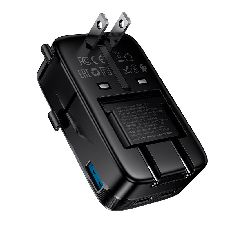 Адаптер сетевой HOCO Capaz ultra-thin universal conversion charger AC35 |2Type-C/1USB, 5V/3A Total, EU/UK/US/AU| black (6942007681742) Черный на картинке №8