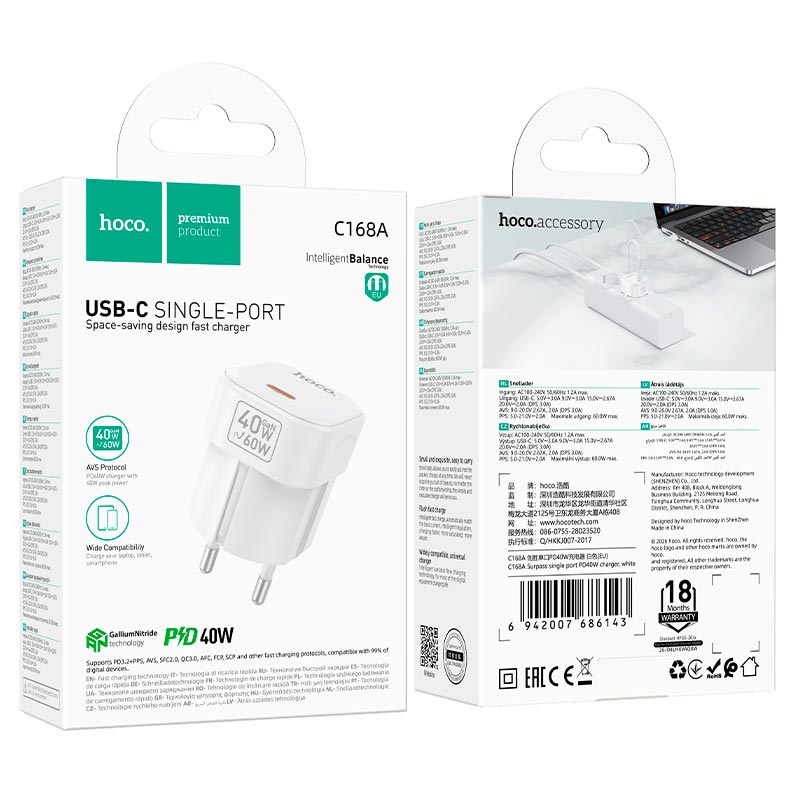 Адаптер сетевой HOCO Surpass single port charger C168A |1Type-C, PD3.2 40W, 3A, PPS/AVS| white (6942007686143) Белый на картинке №3