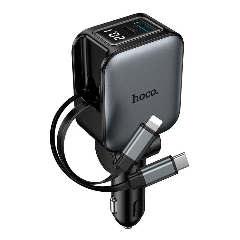Адаптер автомобильный HOCO Z67A Triunfar car charger with dual Type-C/iP cable |1C/1A, 60W/3A, PD/QC grey (6942007680844) Серый на картинке №1
