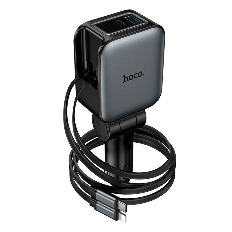 Адаптер автомобильный HOCO Z67A Triunfar car charger with dual Type-C/iP cable |1C/1A, 60W/3A, PD/QC grey (6942007680844) Серый на картинке №4