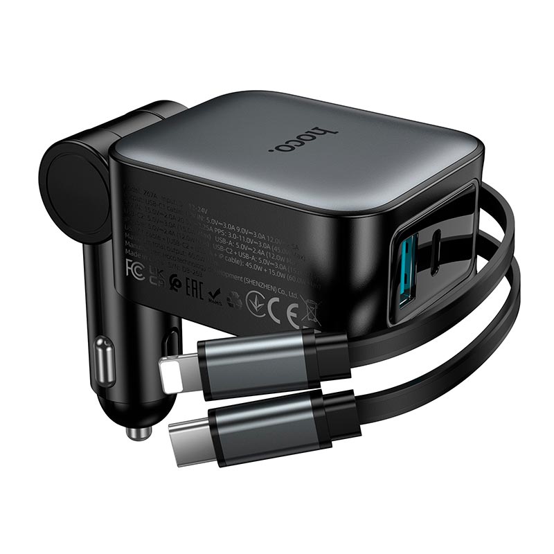 Адаптер автомобильный HOCO Z67A Triunfar car charger with dual Type-C/iP cable |1C/1A, 60W/3A, PD/QC grey (6942007680844) Серый на картинке №8