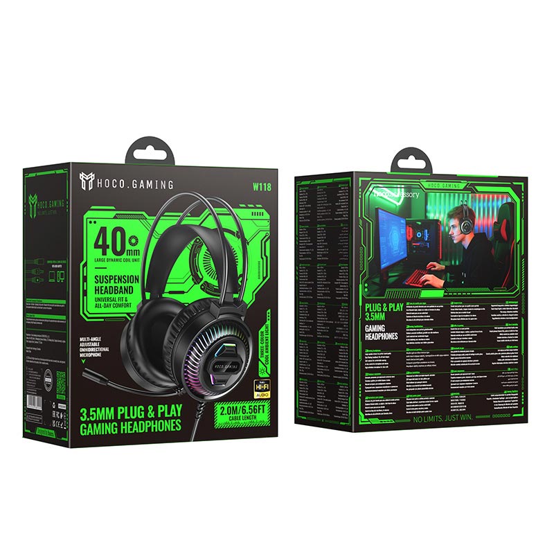 Навушники HOCO Extreme gaming headphones W118 |USB/3.5mm, 2m, 40mm, 3-color light| black (6942007685245) Чорний на малюнкі №3