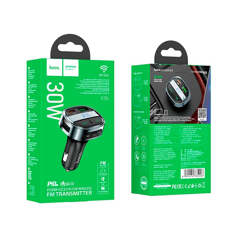 Адаптер автомобильный HOCO car BT FM transmitter E70 |2USB/Type-C, PD/QC, 30W/3A| black (6931474765246) Черный на картинке №3
