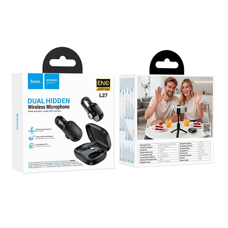 Микрофон HOCO Ice hidden wireless microphone Type-C L27 |ENC, 70/400mAh, 65dB, 5-6h| black (6942007680646) Черный на картинке №3