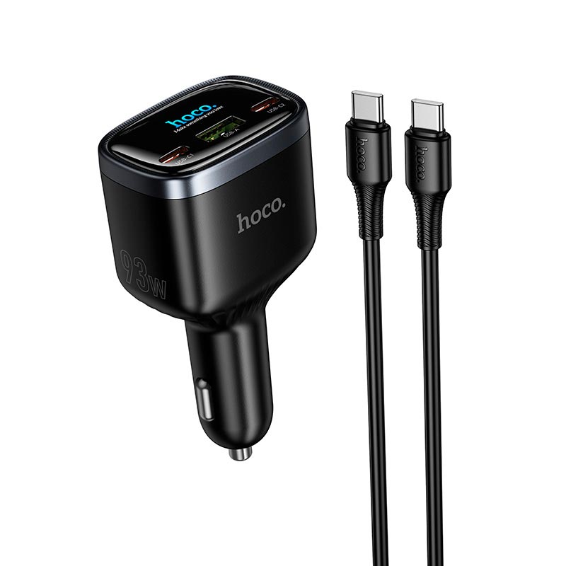Адаптер автомобильный HOCO Speed car charger with TFT display and cable Z70 |2Type-C/1USB, 93W/3A, PD/QC/PPS, C to C 1m| black (6942007683647) Черный на картинке №2