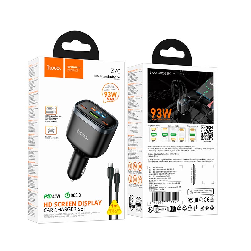Адаптер автомобильный HOCO Speed car charger with TFT display and cable Z70 |2Type-C/1USB, 93W/3A, PD/QC/PPS, C to C 1m| black (6942007683647) Черный на картинке №3