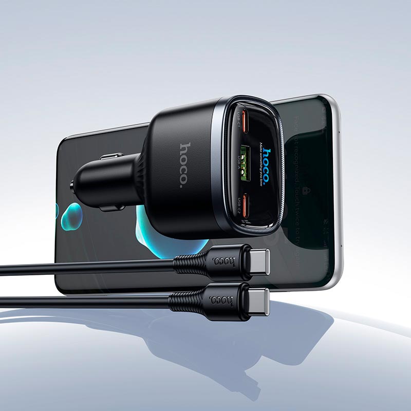Адаптер автомобильный HOCO Speed car charger with TFT display and cable Z70 |2Type-C/1USB, 93W/3A, PD/QC/PPS, C to C 1m| black (6942007683647) Черный на картинке №4