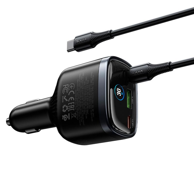Адаптер автомобильный HOCO Speed car charger with TFT display and cable Z70 |2Type-C/1USB, 93W/3A, PD/QC/PPS, C to C 1m| black (6942007683647) Черный на картинке №6