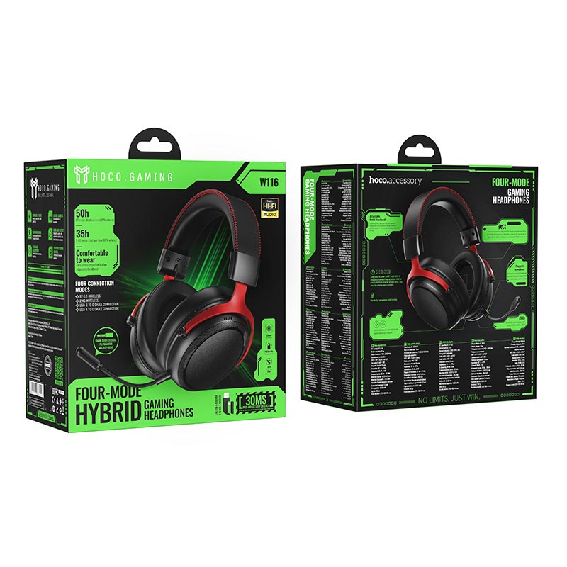 Навушники HOCO Shadow 4-mode gaming headphones W116 |BT6.0/2.4G/USB-C/C-C, 53mm, 35-50h, 1000mAh| black (6942007685047) Чорний на малюнкі №3