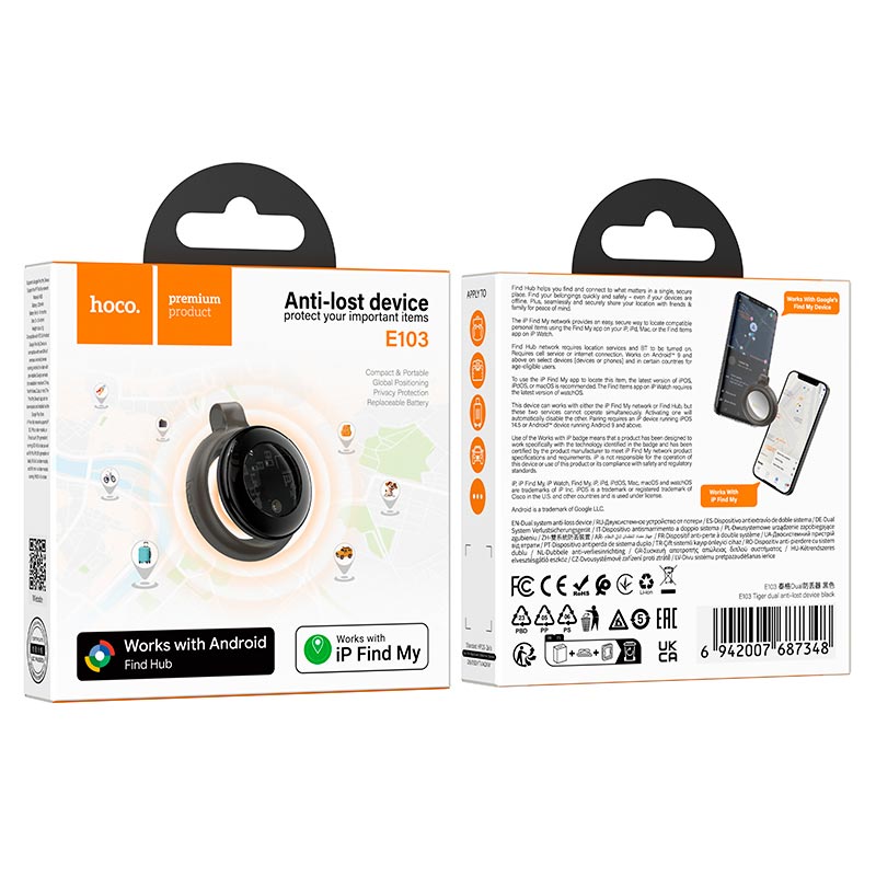 Пошуковий трекер HOCO Tiger dual anti-lost device E103 |Apple Find My/Google Find My Device, 230mAh, 8-10 months| black (6942007687348) Чорний на малюнкі №3