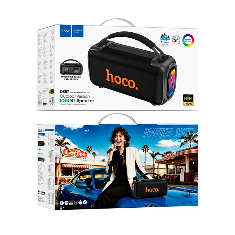 Акустика-караоке HOCO BT speaker with dual mic DS87 |BT5.4, USB/TF/AUX, 50W, 5h, RGB, 2mic| black (88048) Черный на картинке №3