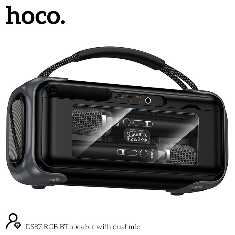 Акустика-караоке HOCO BT speaker with dual mic DS87 |BT5.4, USB/TF/AUX, 50W, 5h, RGB, 2mic| black (88048) Черный на картинке №6