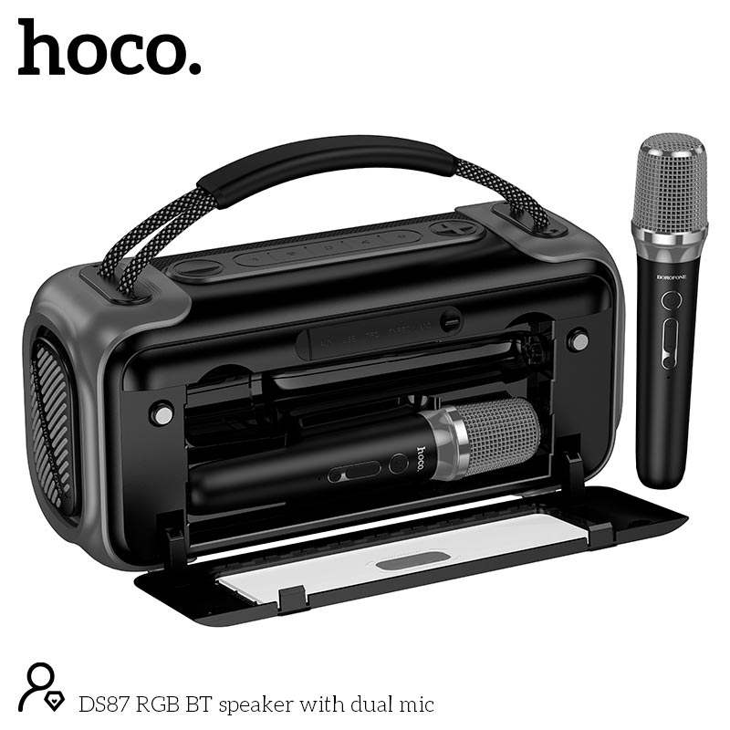Акустика-караоке HOCO BT speaker with dual mic DS87 |BT5.4, USB/TF/AUX, 50W, 5h, RGB, 2mic| black (88048) Черный на картинке №7