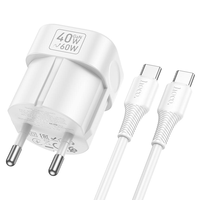 Адаптер мережевий HOCO Surpass single port charger set with cable C168A |1Type-C, PD3.2 40W, 3A, PPS/AVS, C to C 1m| white (6942007686150) Білий на малюнкі №6