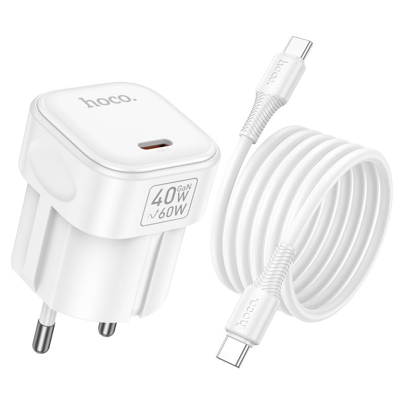 Адаптер мережевий HOCO Surpass single port charger set with cable C168A |1Type-C, PD3.2 40W, 3A, PPS/AVS, C to C 1m| white (6942007686150) Білий на малюнкі №7
