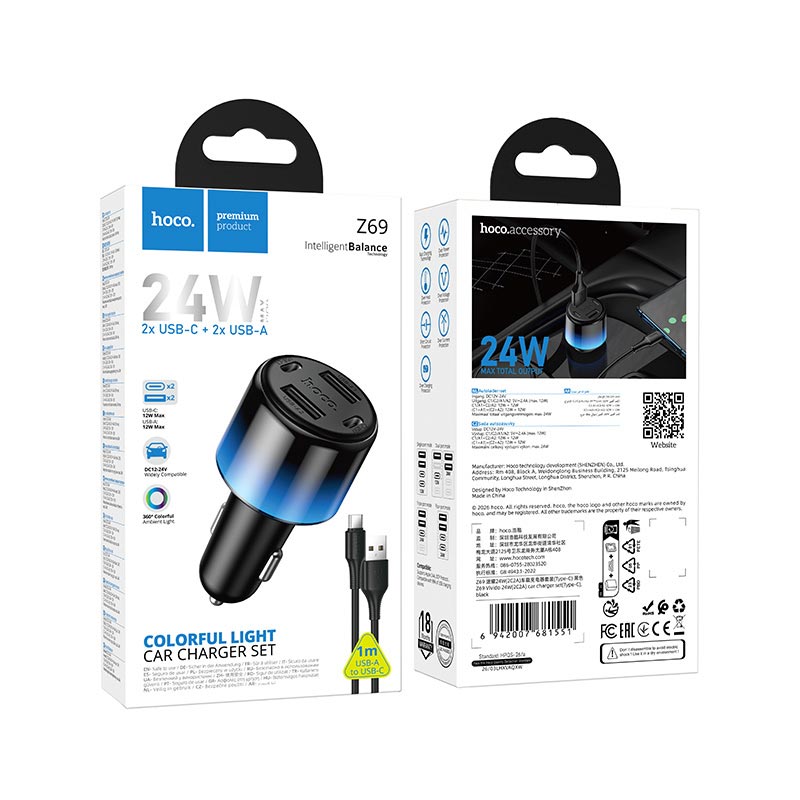 Адаптер автомобільний HOCO Type-C cable Vivido 24W car charger set Z69 |2C/2A, 12W|/2.4A| black (6942007681551) Чорний на малюнкі №3