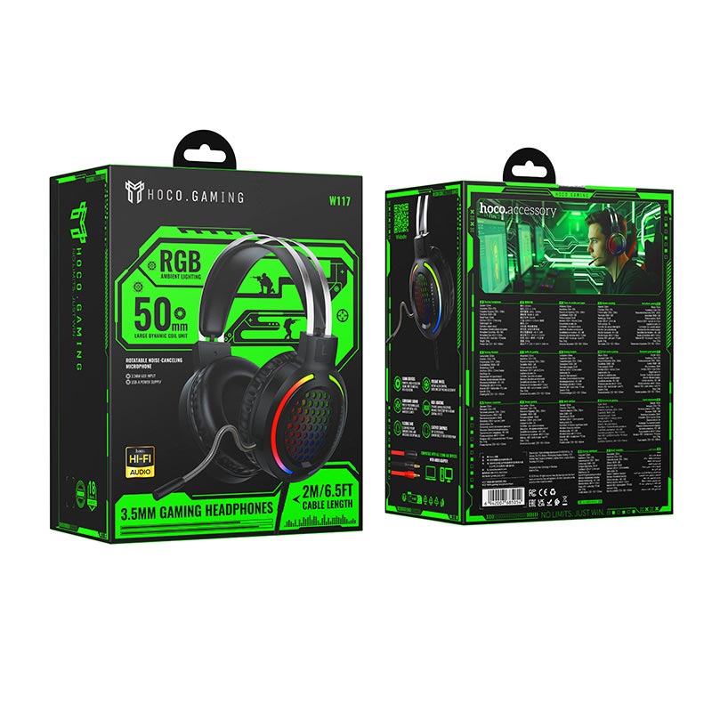 Навушники HOCO Battle gaming headphones W117 |USB/3.5mm, 2m, 50mm, 3-color light| black (6942007685054) Чорний на малюнкі №3