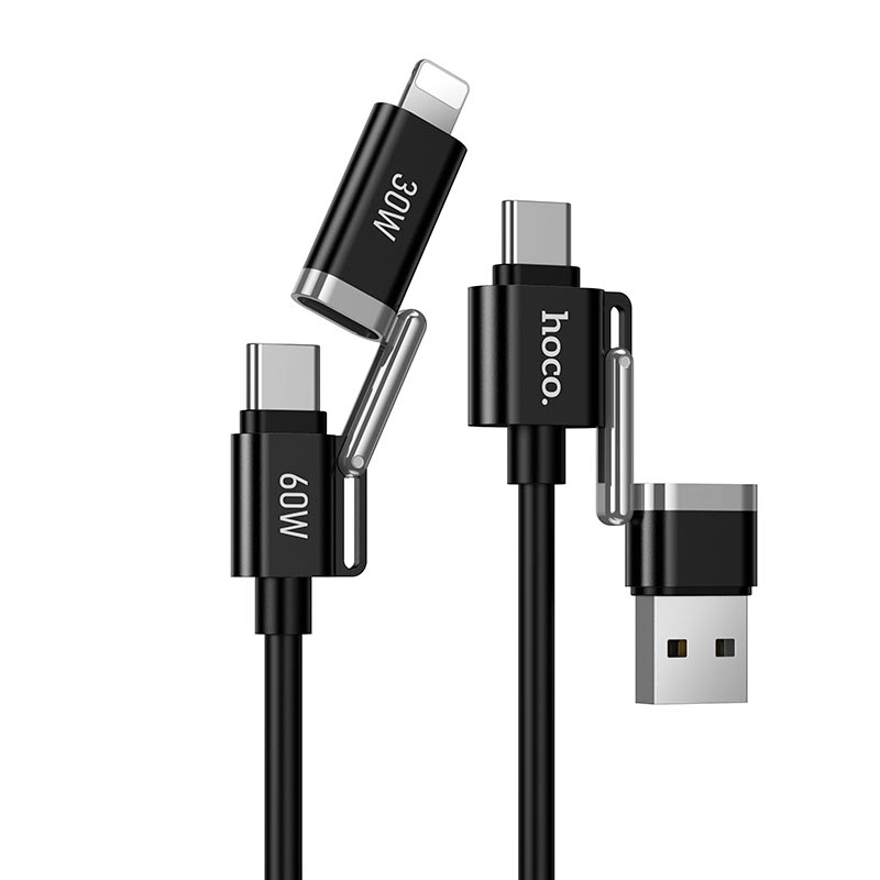 Кабель HOCO USB/C to iP/C Benefit 4-in-1 silicone charging data cable U155 |1.2m, 60W/3A| black (6942007683555) Чорний на малюнкі №2