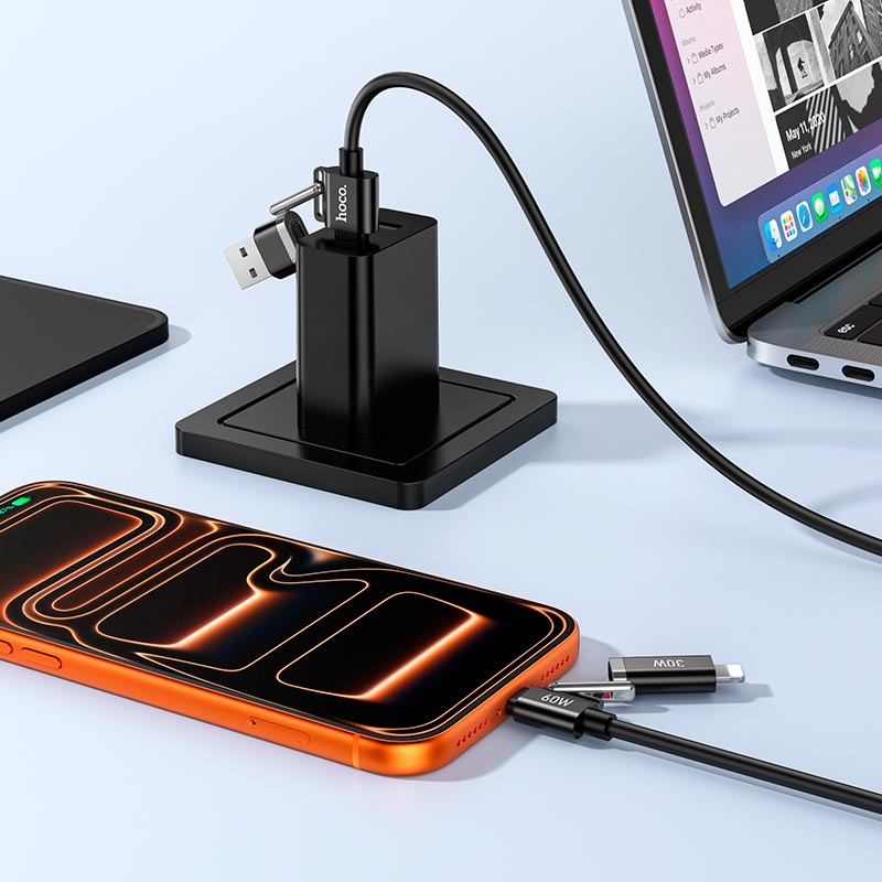 Кабель HOCO USB/C to iP/C Benefit 4-in-1 silicone charging data cable U155 |1.2m, 60W/3A| black (6942007683555) Чорний на малюнкі №4