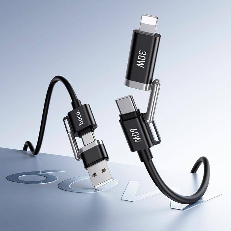 Кабель HOCO USB/C to iP/C Benefit 4-in-1 silicone charging data cable U155 |1.2m, 60W/3A| black (6942007683555) Чорний на малюнкі №5