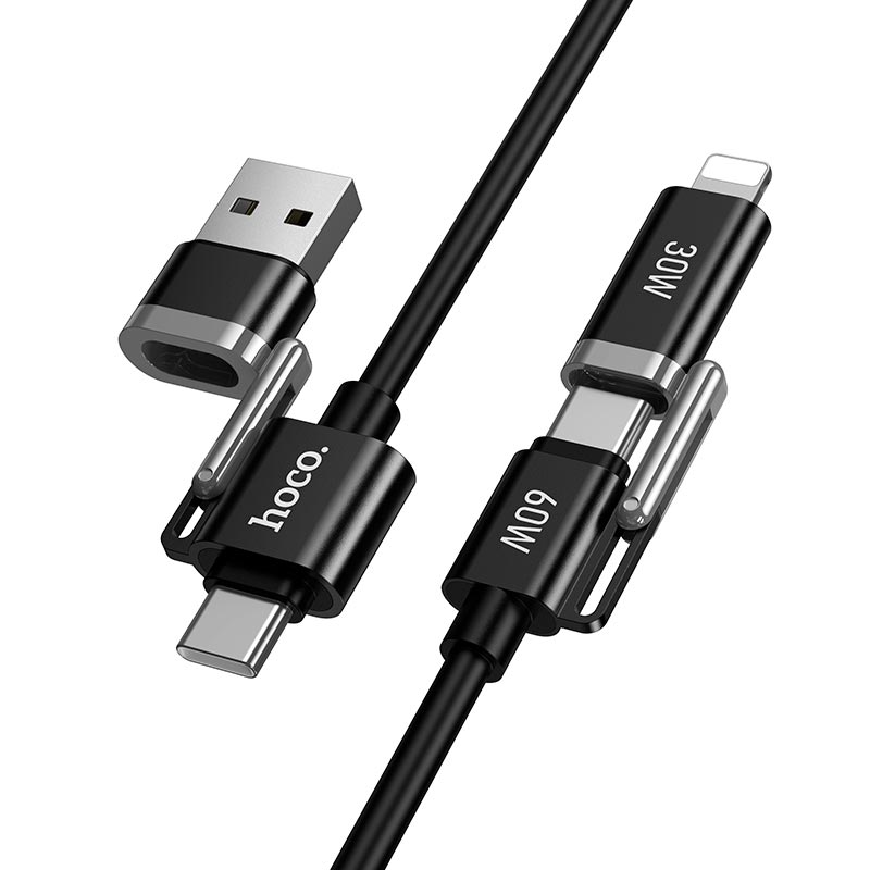 Кабель HOCO USB/C to iP/C Benefit 4-in-1 silicone charging data cable U155 |1.2m, 60W/3A| black (6942007683555) Чорний на малюнкі №8