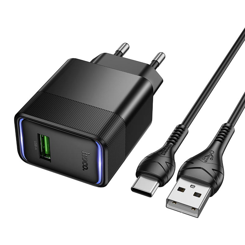 Адаптер сетевой HOCO Lounge single-port multi-protocol charger Type-C cable set CS111A |1USB, 22.5W/3A, QC| black (6942007680363) Черный на картинке №2
