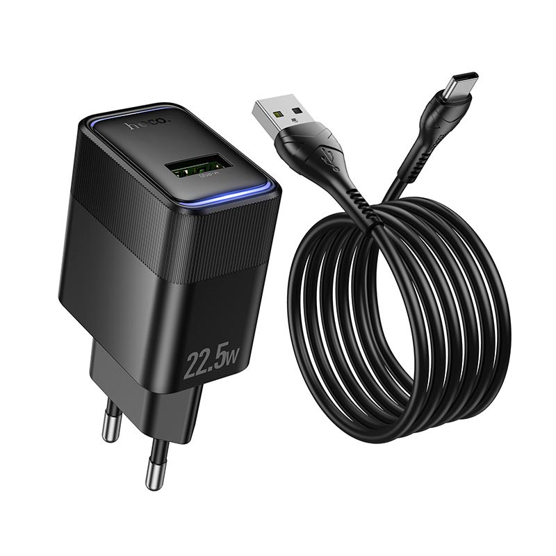 Адаптер сетевой HOCO Lounge single-port multi-protocol charger Type-C cable set CS111A |1USB, 22.5W/3A, QC| black (6942007680363) Черный на картинке №5