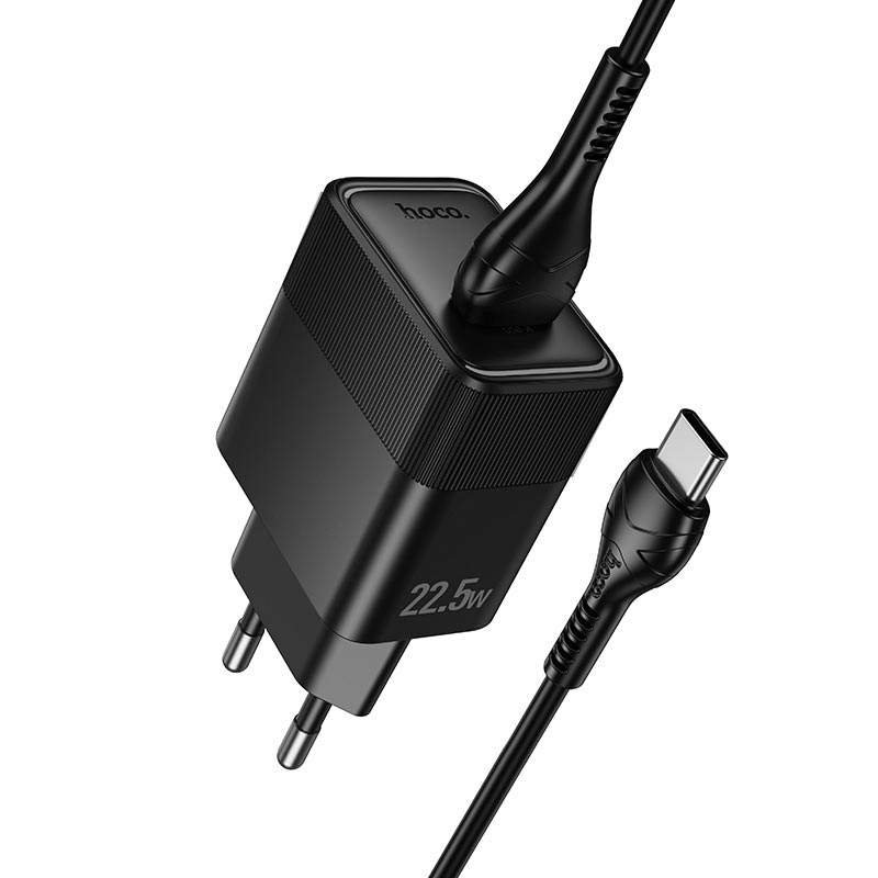 Адаптер сетевой HOCO Lounge single-port multi-protocol charger Type-C cable set CS111A |1USB, 22.5W/3A, QC| black (6942007680363) Черный на картинке №6