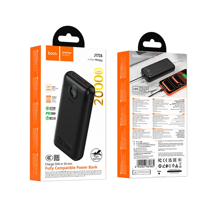 УМБ HOCO Precision fully compatible power bank J172A 20000mAh |1C/2A, 22.5W/3A, PD/QC| black (6942007681865) Черный на картинке №3