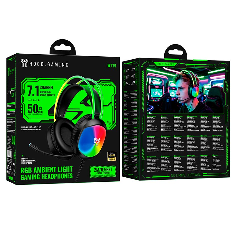 Навушники HOCO Sunrise USB 7.1 gaming headphones W119 |USB, 2m, 50mm, RGB| black (6942007688666) Чорний на малюнкі №3
