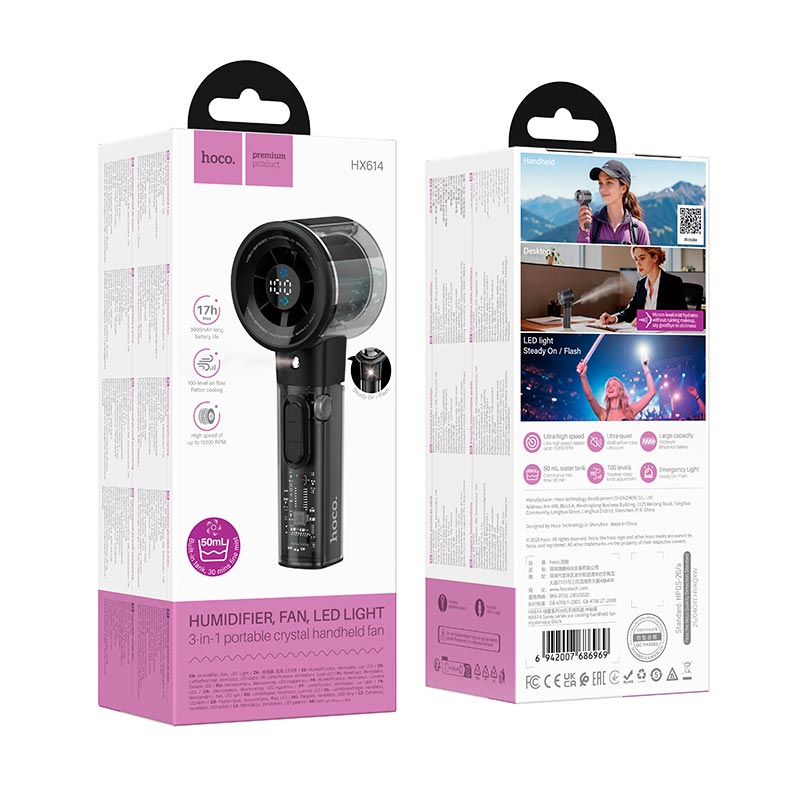 Вентилятор Hoco Spray series ice cooling handheld fan HX614 |100Levels, 60dB, 15h, 50mL| black (6942007686969) Черный на картинке №13
