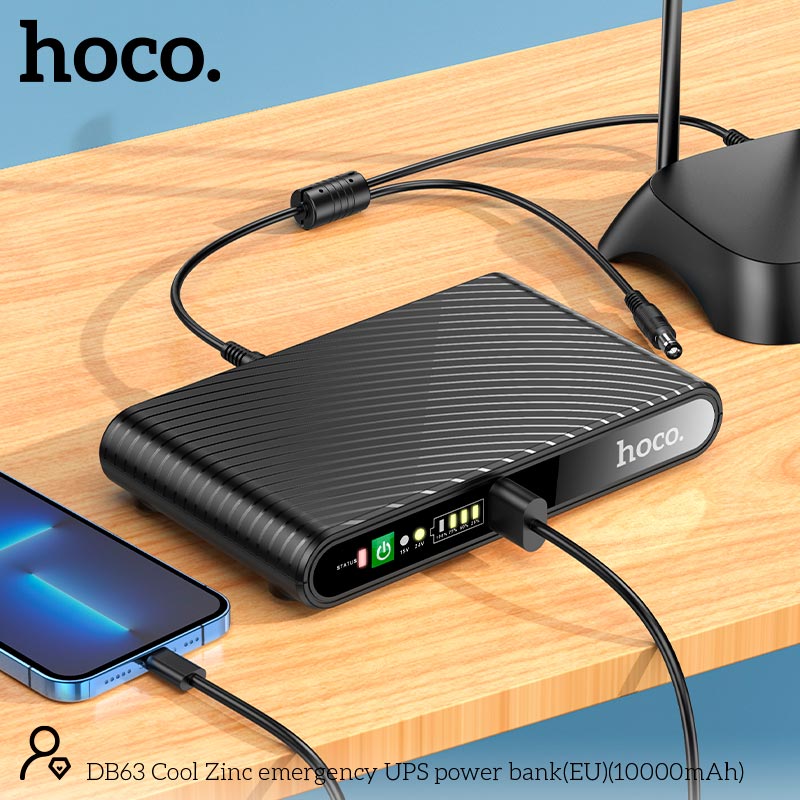 Mini DC UPS HOCO Cool Zinc emergency power bank DB63 (10000mAh) |DC: 5V/9V/12V, POE: 15V/24V, USB: 5V/2.4A, 17W| black (6942007635172) Черный на картинке №10