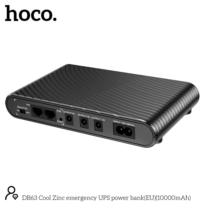 Mini DC UPS HOCO Cool Zinc emergency power bank DB63 (10000mAh) |DC: 5V/9V/12V, POE: 15V/24V, USB: 5V/2.4A, 17W| black (6942007635172) Черный на картинке №5