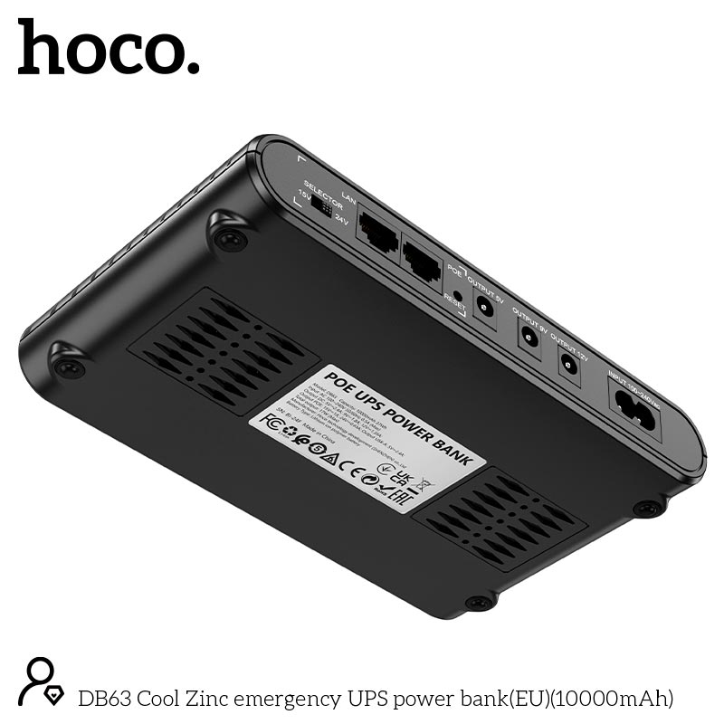 Mini DC UPS HOCO Cool Zinc emergency power bank DB63 (10000mAh) |DC: 5V/9V/12V, POE: 15V/24V, USB: 5V/2.4A, 17W| black (6942007635172) Черный на картинке №7