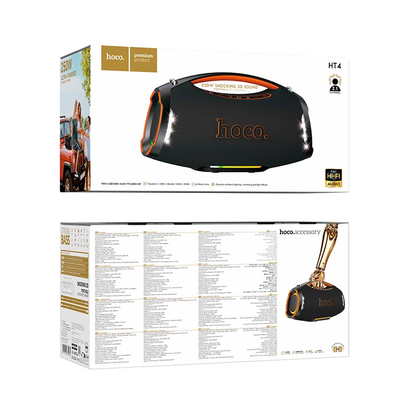 Акустика HOCO Wave BT speaker HT4 IPX4 |BT5.3, USB/TF/FM/UAX, TWS, 250W, 6h| black (6942007680974) Черный на картинке №3