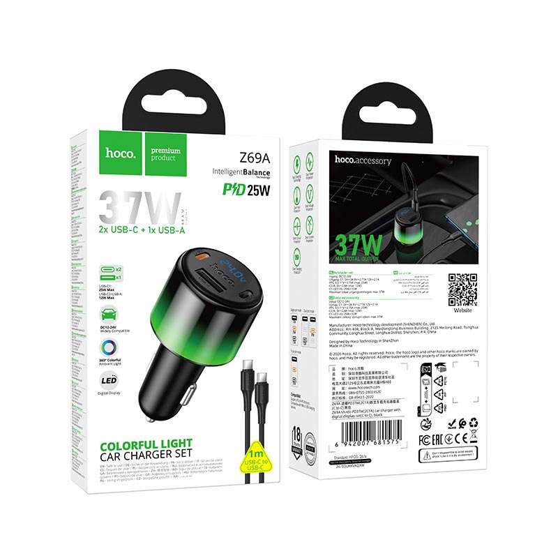 Адаптер автомобільний HOCO C to C cable Vivido PD37W car charger with digital display set Z69A |2C/1A, PD25W/3A| black (6942007681575) Чорний на малюнкі №3