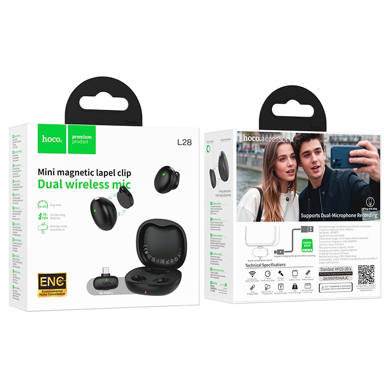 Микрофон HOCO Type-C Thorough wireless microphone L28 |5-6h, 70/400mAh, ENC| black (6942007686075) Черный на картинке №3