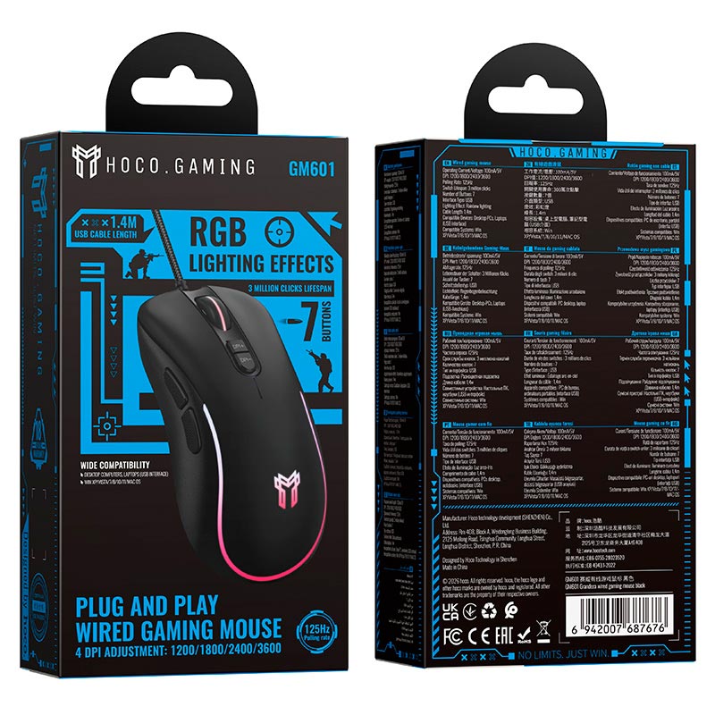 Мышь HOCO Grandeza wired gaming mouse GM601 |USB, 1.4m, 1200-3600DPI, 7 buttons| black (6942007687676) Черный на картинке №3