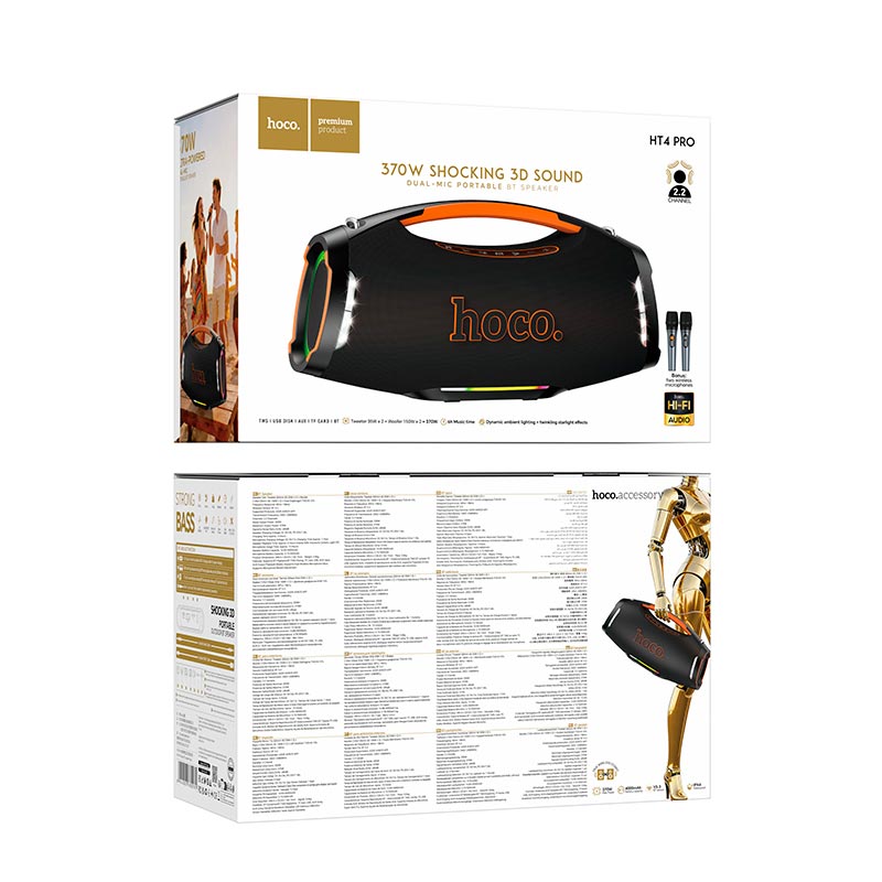 Акустика-караоке HOCO Wave BT speaker HT4 Pro IPX4 |BT5.3, USB/TF/FM/UAX, TWS, 370W, 6h| black (6942007680981) Чорний на малюнкі №3