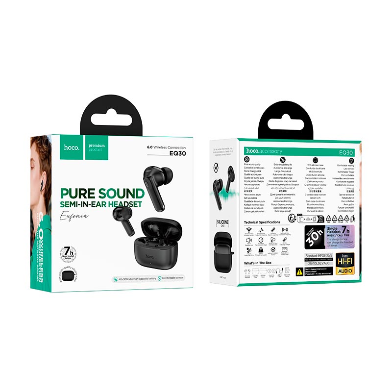 Навушники сетевой HOCO Eufonia true wireless BT headset EQ30 |BT6.0, 40/300mAh, 7h| black (6942007673983) Чорний на малюнкі №3