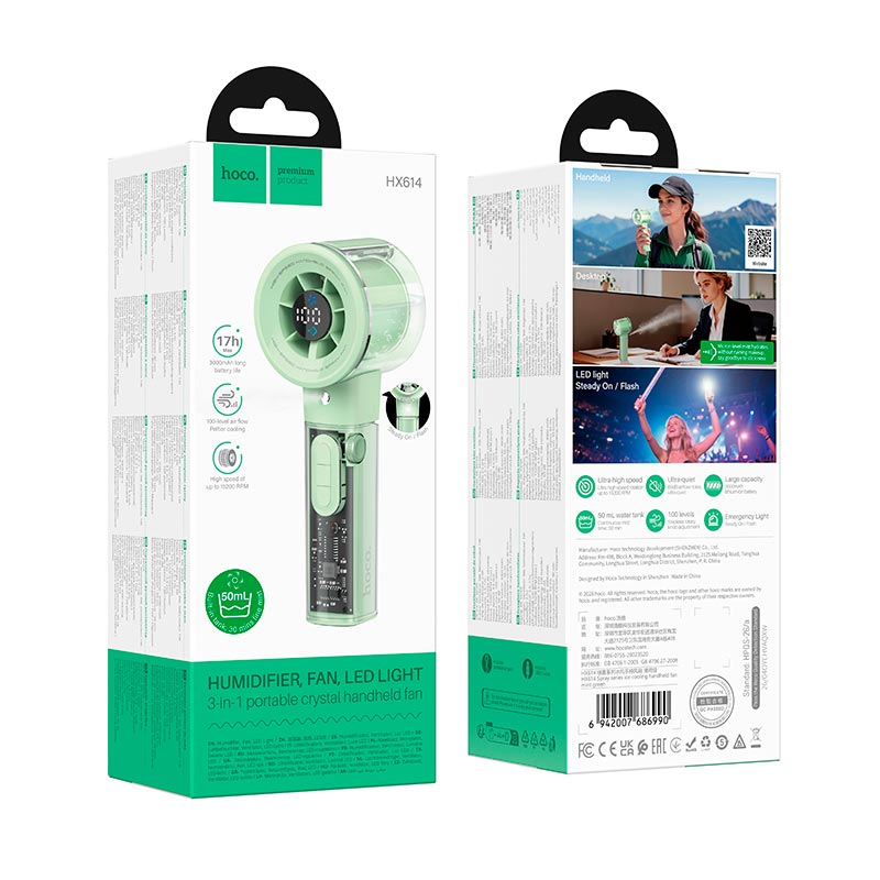 Вентилятор Hoco Spray series ice cooling handheld fan HX614 |100Levels, 60dB, 15h, 50mL| blue (6942007686983) Синий на картинке №11