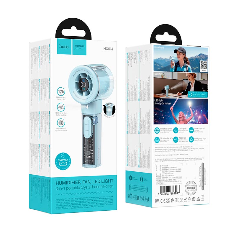 Вентилятор Hoco Spray series ice cooling handheld fan HX614 |100Levels, 60dB, 15h, 50mL| blue (6942007686983) Синий на картинке №3